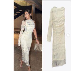 ZARA Ruched Mesh Tie-Dye One Shoulder Maxi Dress | Bodycon Fit | Size L